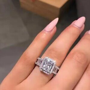 NEW SILVER RADIANT CUT SIMULATED DIAMOND HALO ENGAGEMENT RING